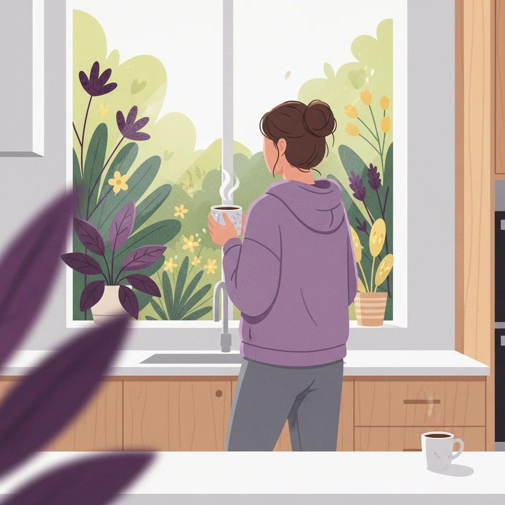 Person enjoying a warm morning coffee in an Australian kitchen, relaxed lifestyle mood