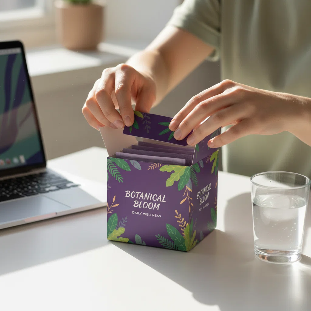 Hands unpacking a supplement box on a clean desk with a glass of water