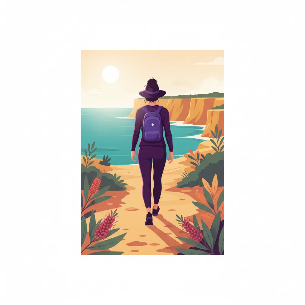 Anonymous person walking along a bright coastal path in Australia, energetic morning lifestyle