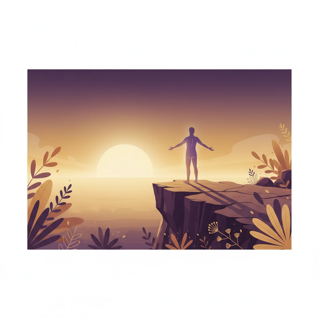 Abstract glowing silhouette of a figure on a sunrise cliff, uplifting wellness mood